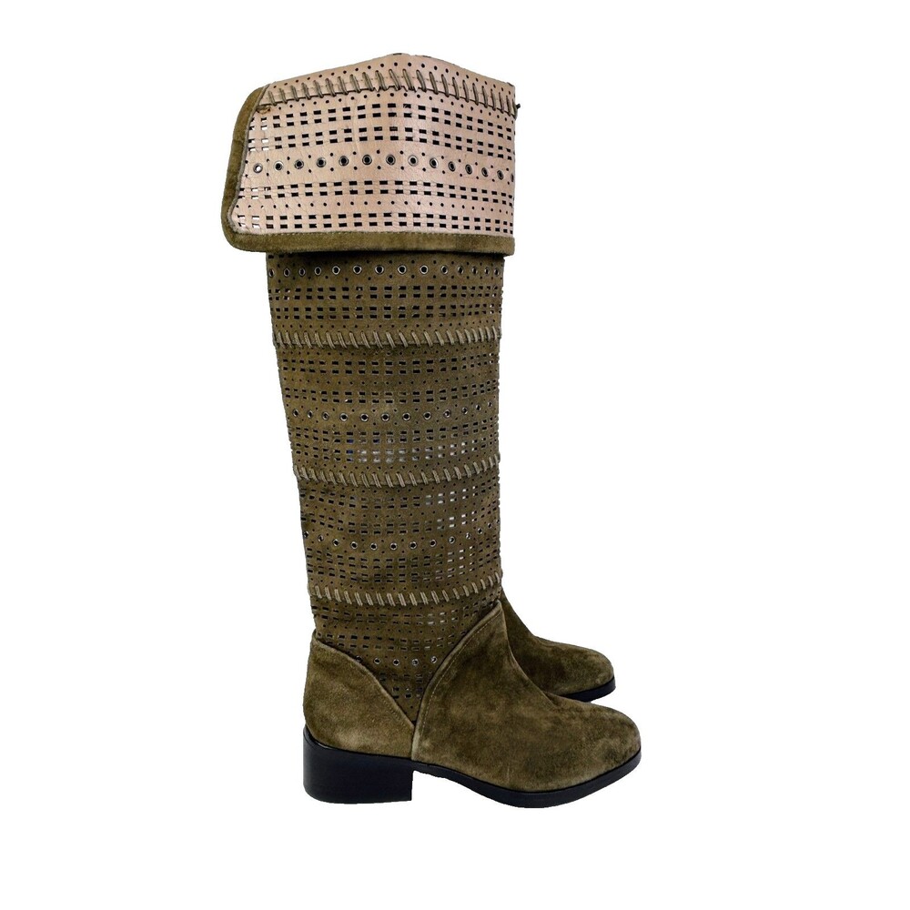 Donald Pliner Devya Riding Boots Suede Over the Knee Whipstitch Khaki Grommets 5